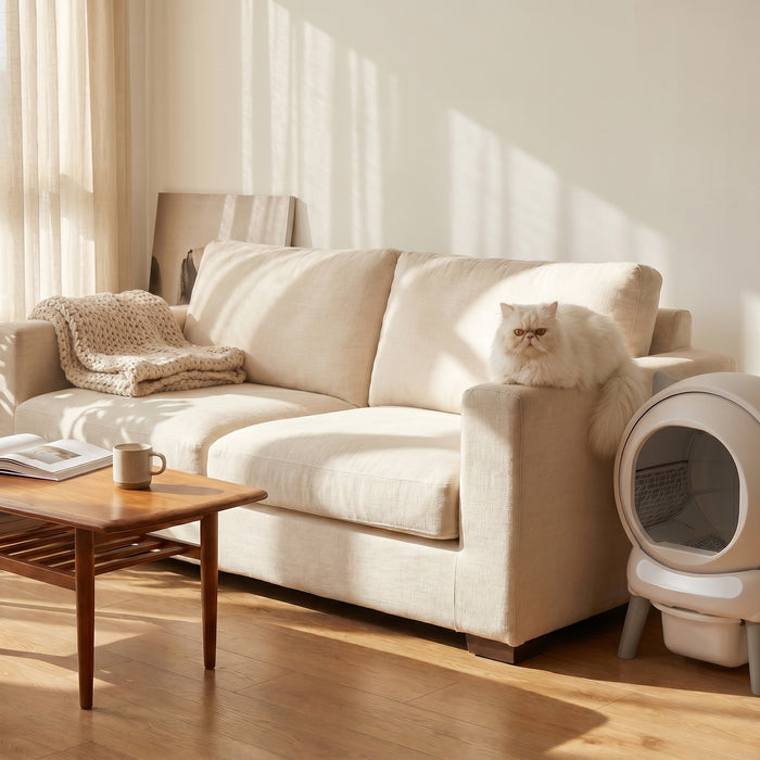 pdp: wide living room scene with box tucked beside sofa