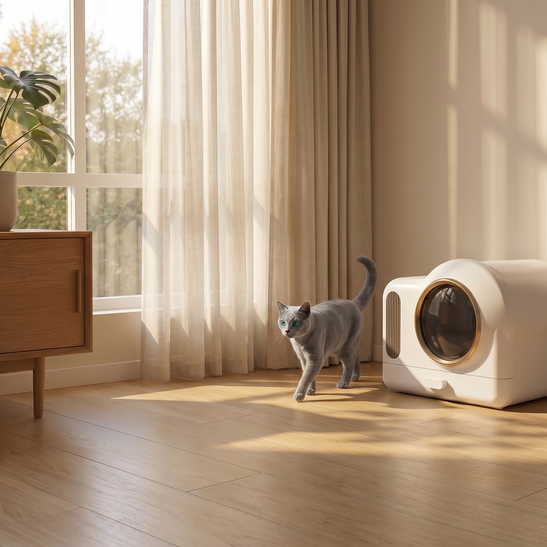 pdp: full home lifestyle scene with cat and box