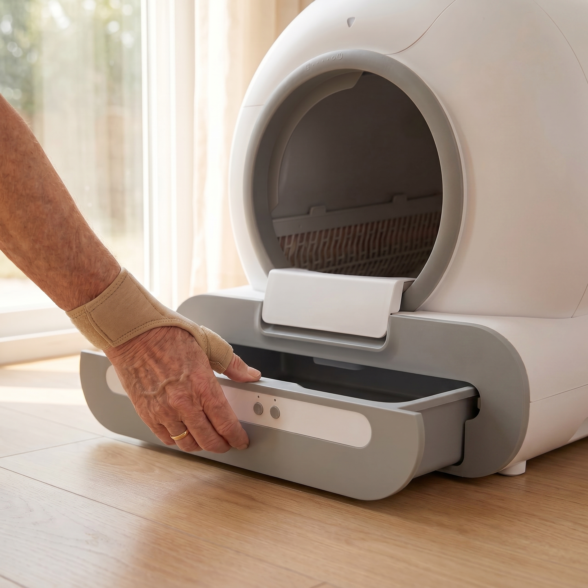 BeCat self-cleaning litter box - owner pulling the sealed waste drawer