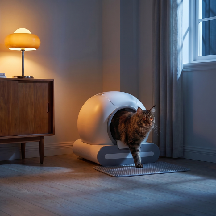 pdp: nighttime scene with cat using the box