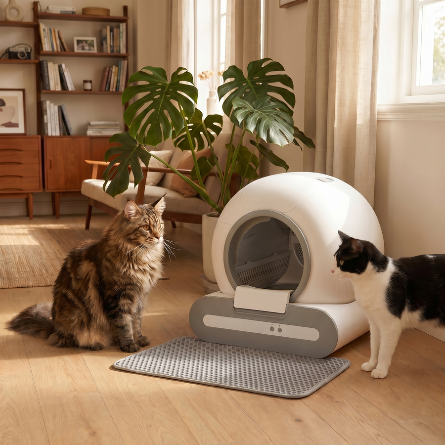 BeCat self-cleaning litter box - two cats from a multi-cat household near the box