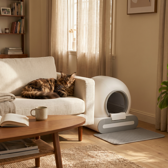 pdp: wide living room scene with box tucked beside sofa