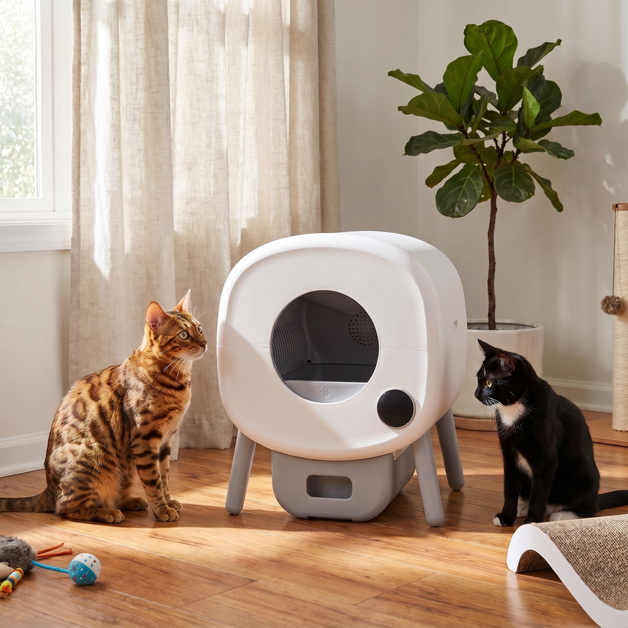 BeCat self-cleaning litter box - two cats from a multi-cat household near the box