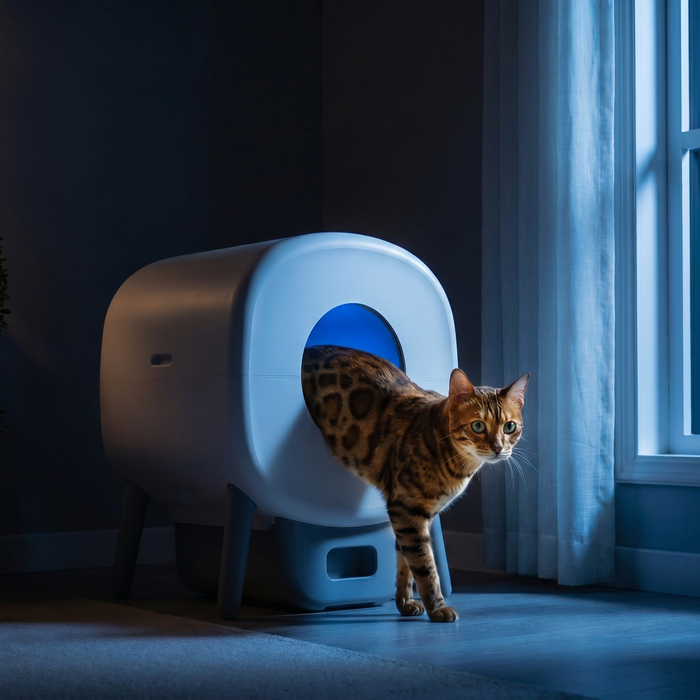 pdp: nighttime scene with cat using the box