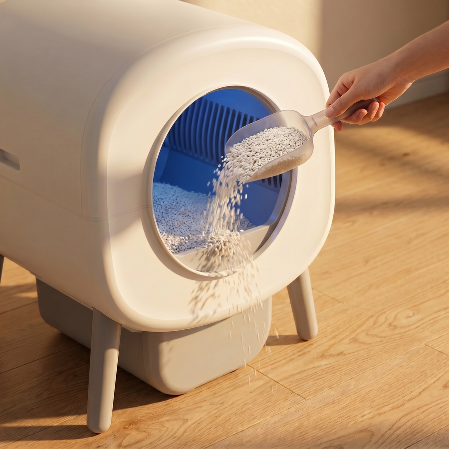 pdp: hand pouring fresh litter into the drum