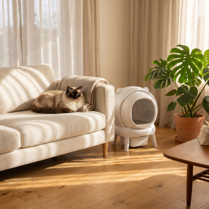 pdp: wide living room scene with box tucked beside sofa