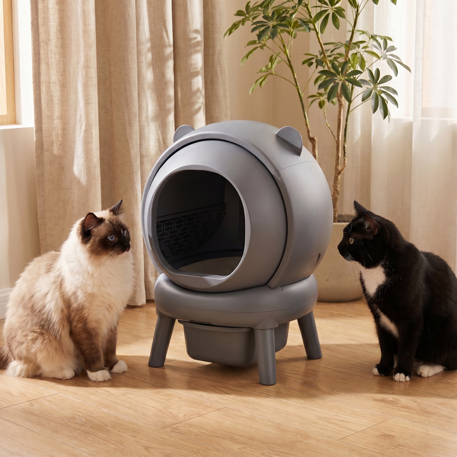 BeCat self-cleaning litter box - two cats from a multi-cat household near the box