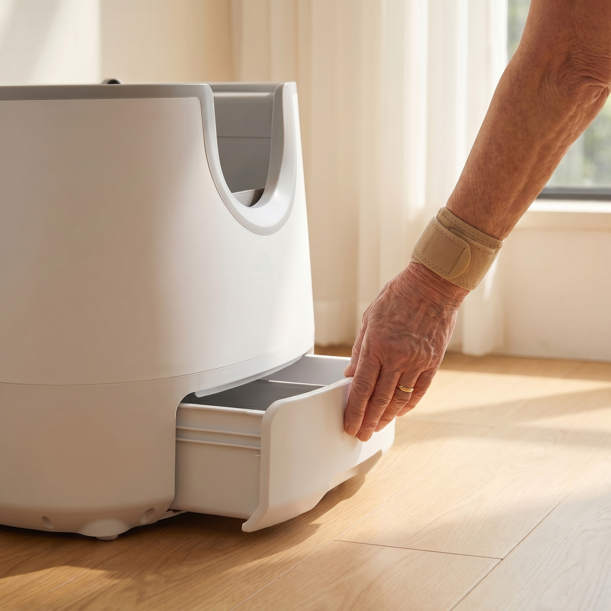 BeCat self-cleaning litter box - owner pulling the sealed waste drawer