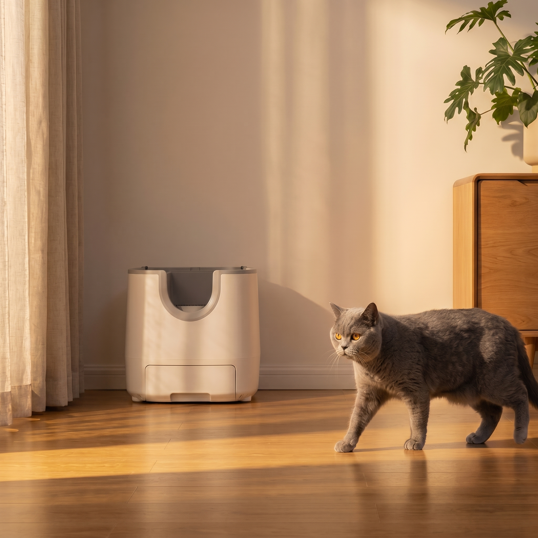 pdp: full home lifestyle scene with cat and box