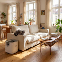 pdp: wide living room scene with box tucked beside sofa