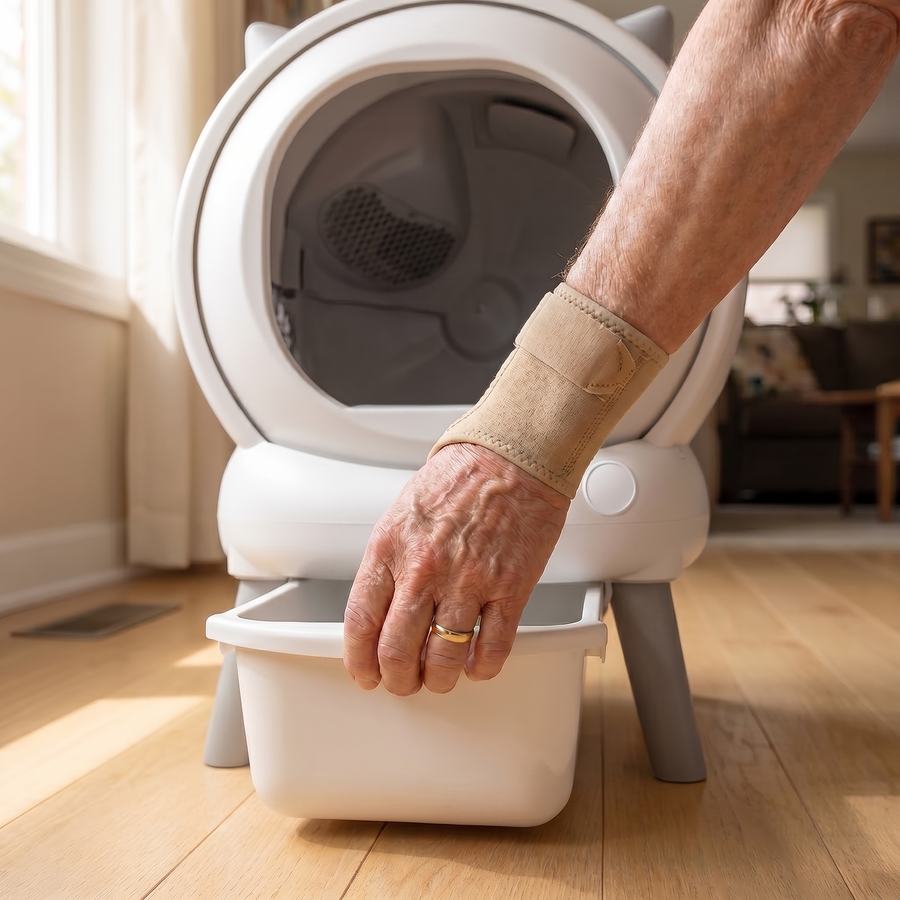 BeCat self-cleaning litter box - owner pulling the sealed waste drawer