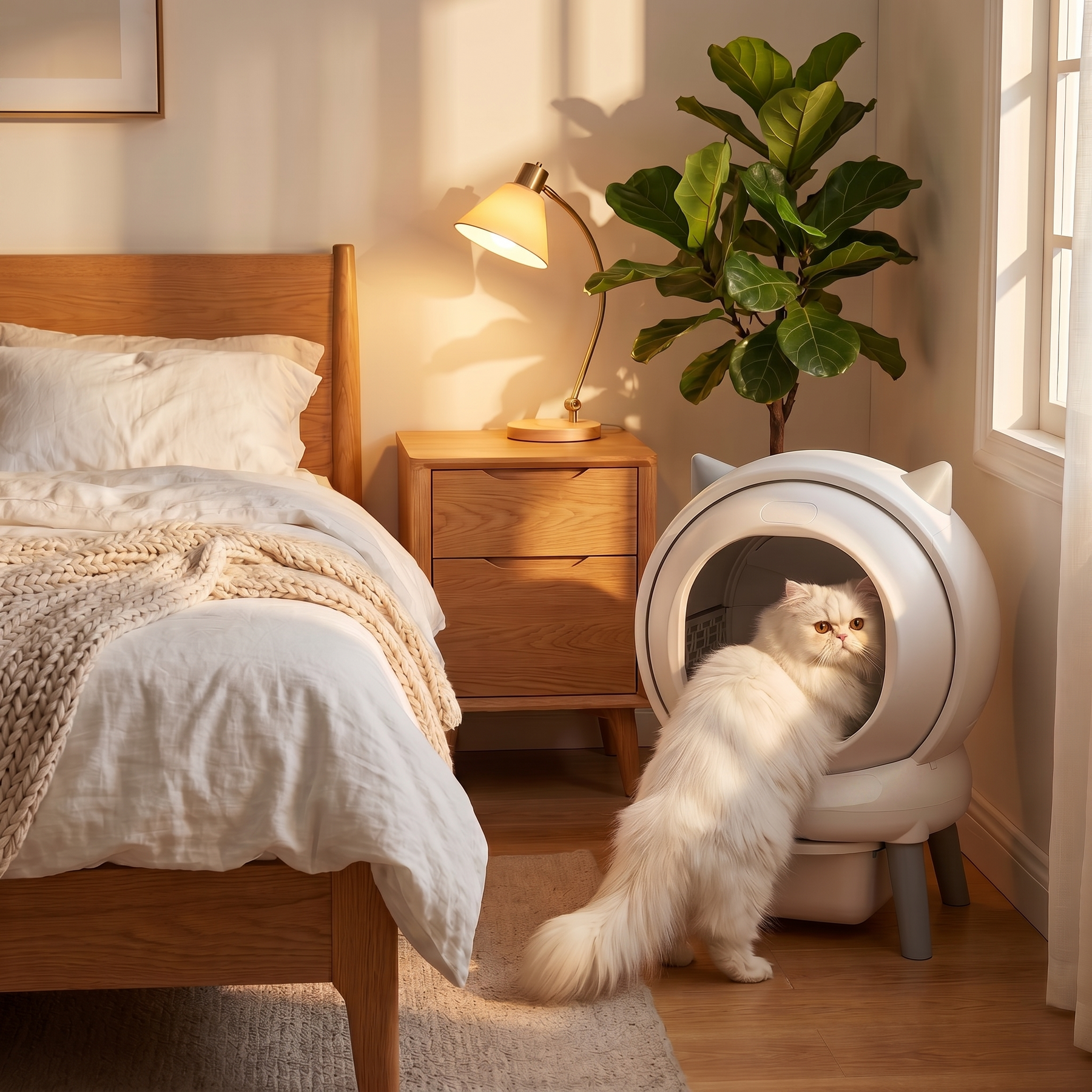 BeCat self-cleaning litter box - in a real bedroom corner with the cat using the box