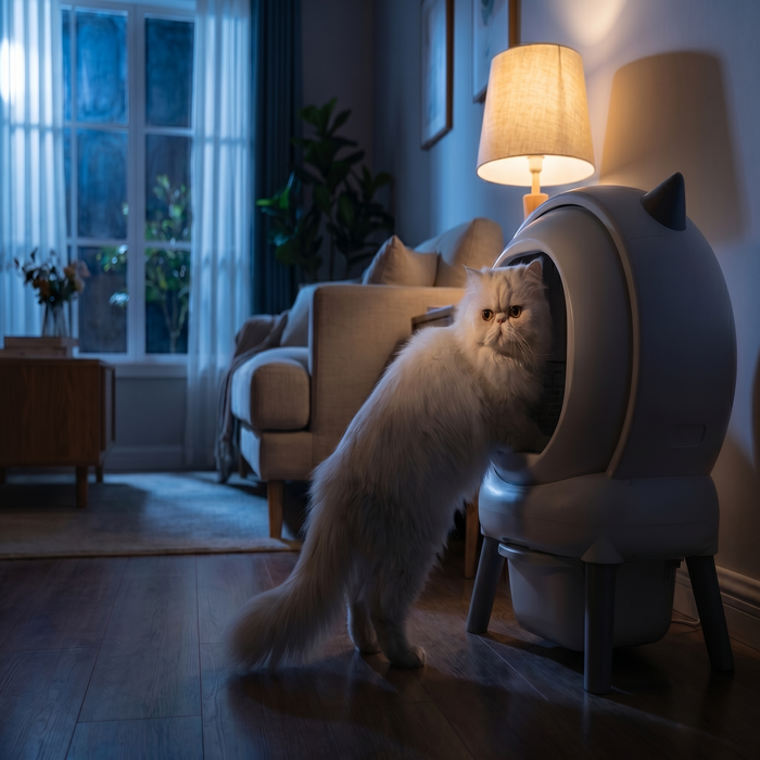 pdp: nighttime scene with cat using the box