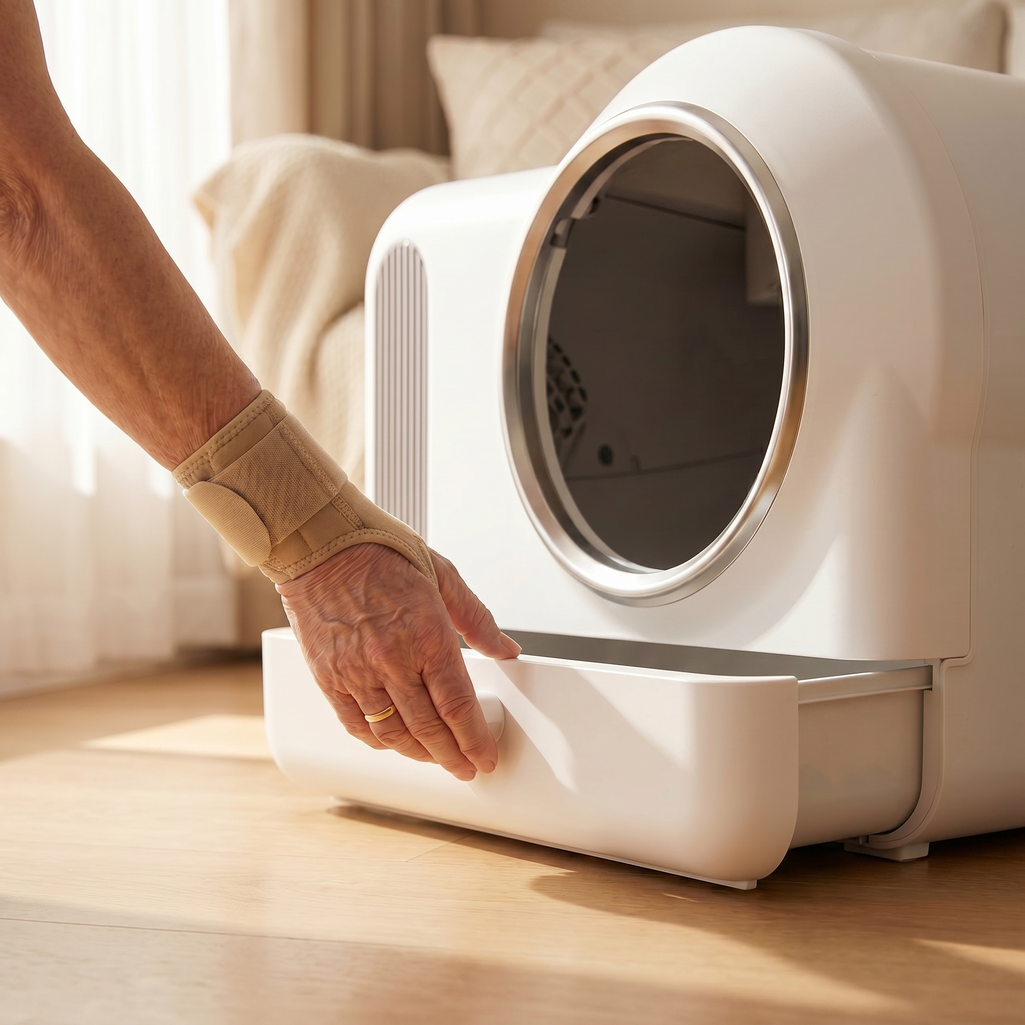 BeCat self-cleaning litter box - owner pulling the sealed waste drawer