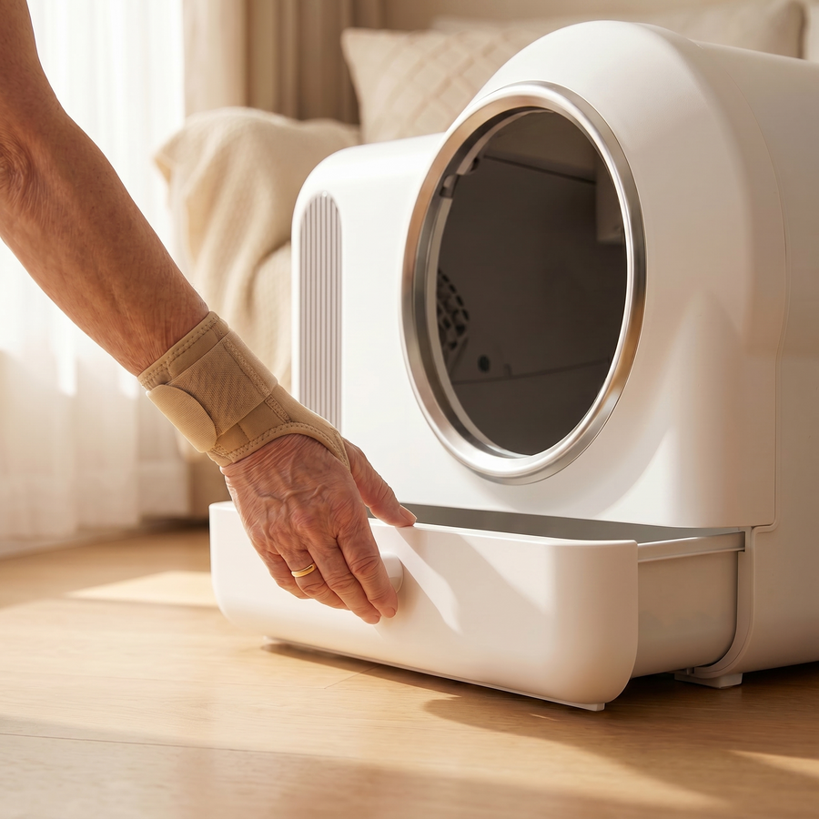 BeCat self-cleaning litter box - owner pulling the sealed waste drawer