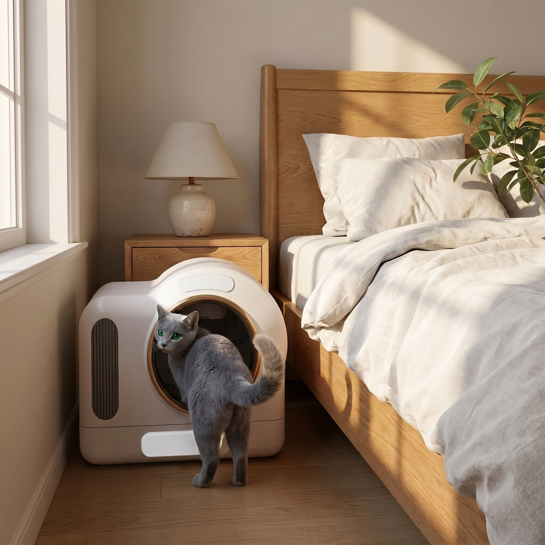 BeCat self-cleaning litter box - in a real bedroom corner with the cat using the box
