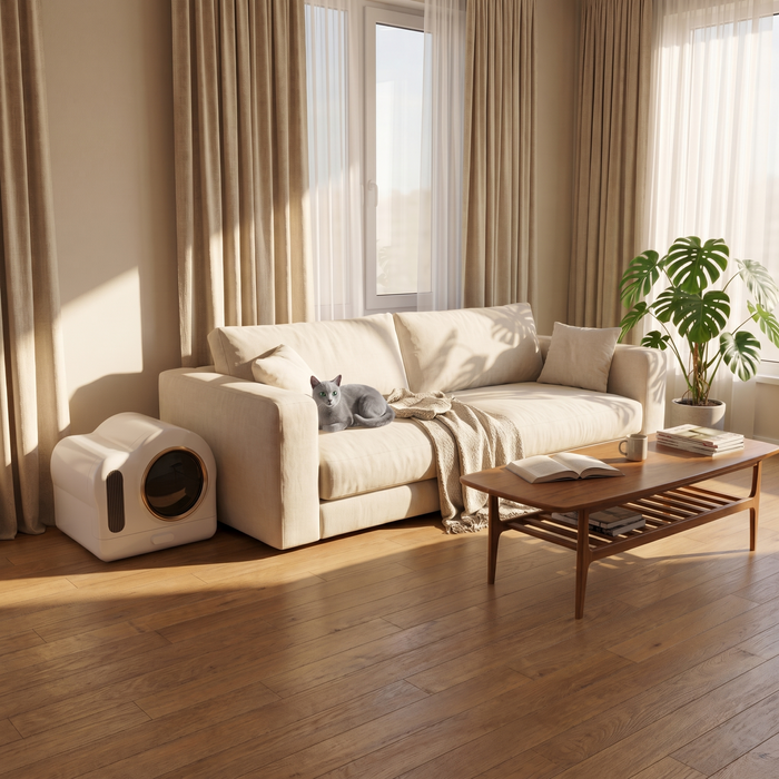 pdp: wide living room scene with box tucked beside sofa