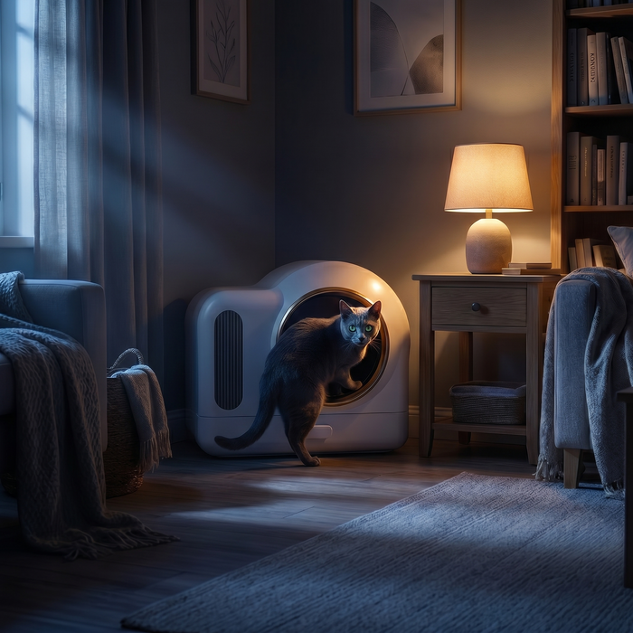 pdp: nighttime scene with cat using the box