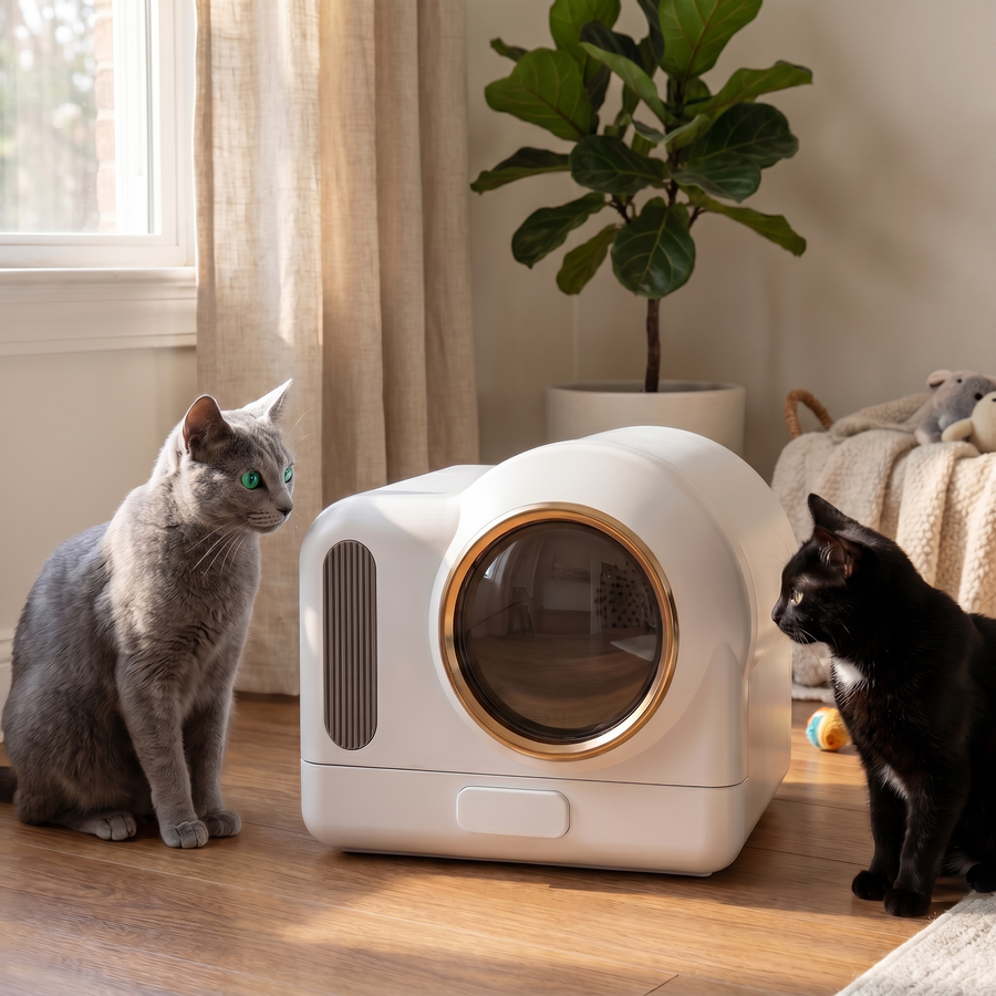 BeCat self-cleaning litter box - two cats from a multi-cat household near the box