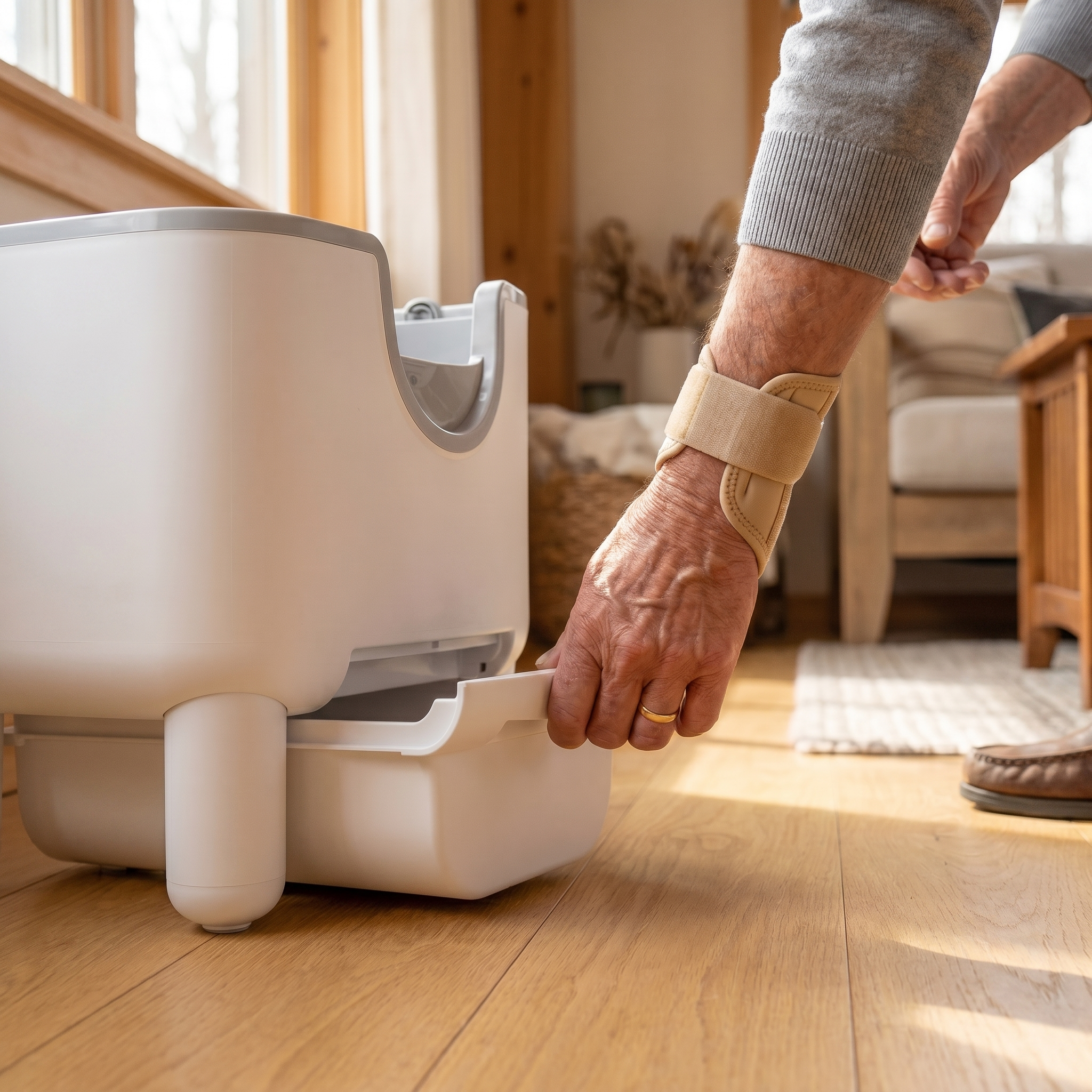 BeCat self-cleaning litter box - owner pulling the sealed waste drawer