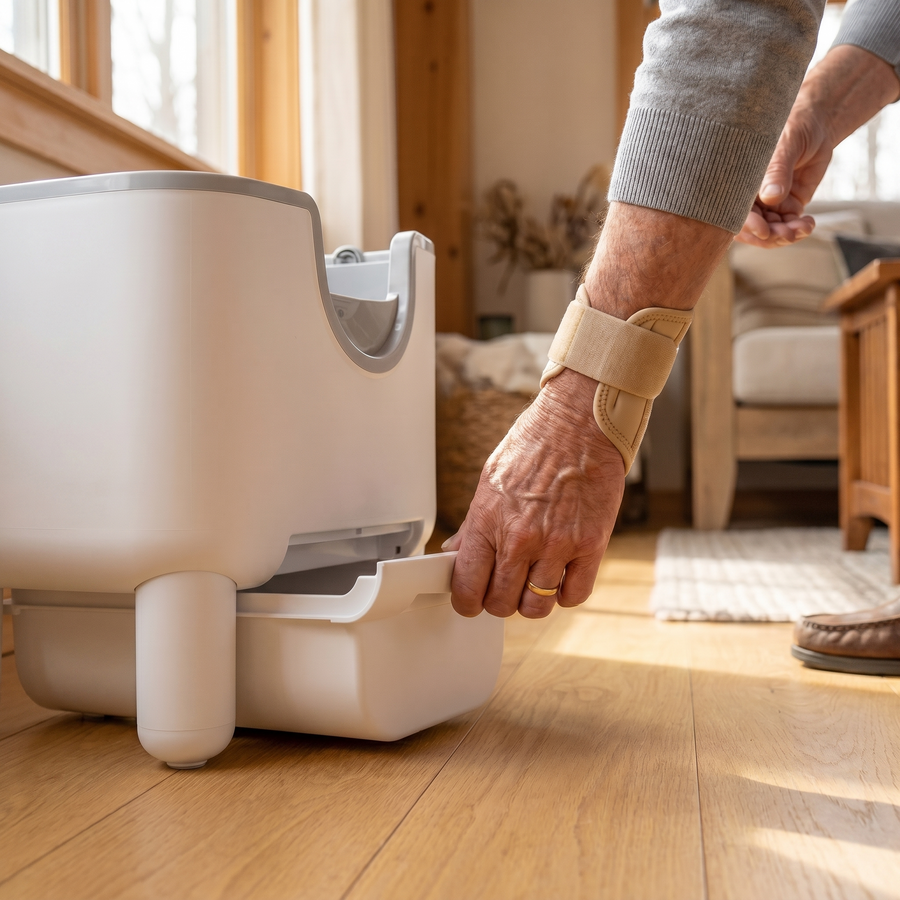 BeCat self-cleaning litter box - owner pulling the sealed waste drawer