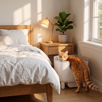 BeCat self-cleaning litter box - in a real bedroom corner with the cat using the box