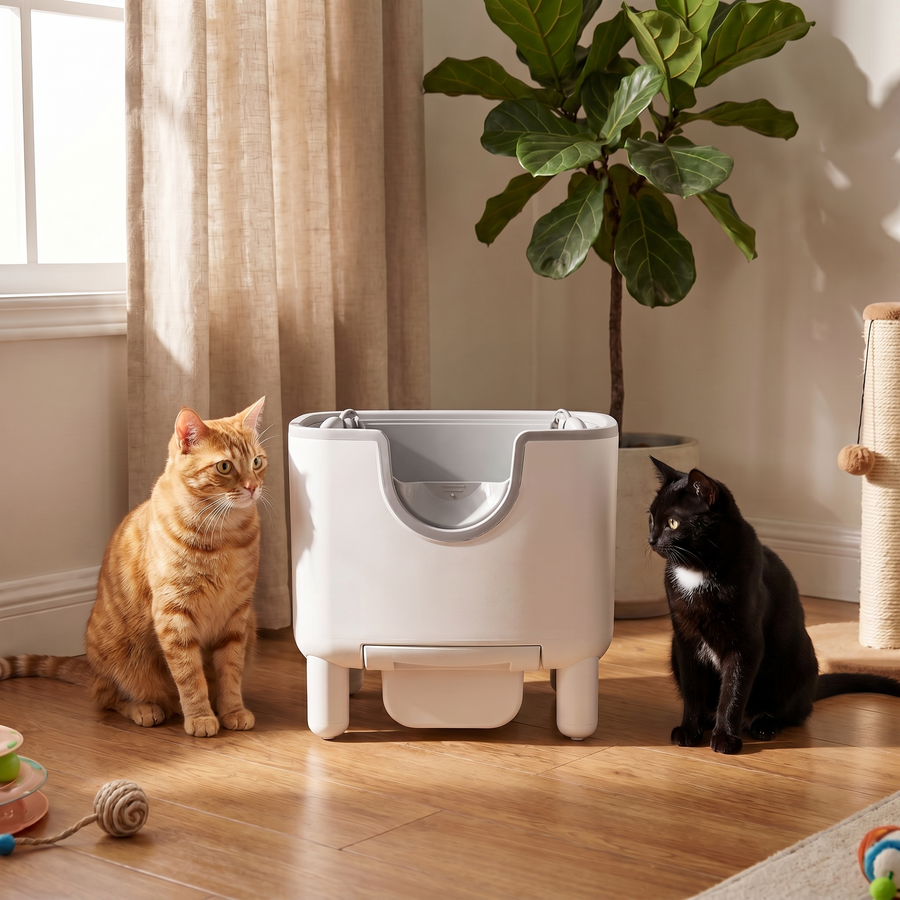 BeCat self-cleaning litter box - two cats from a multi-cat household near the box