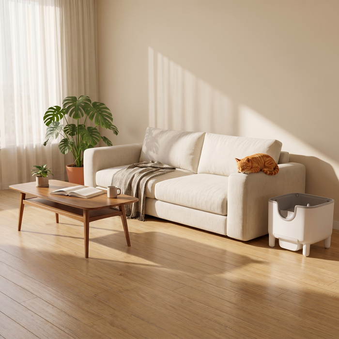 pdp: wide living room scene with box tucked beside sofa