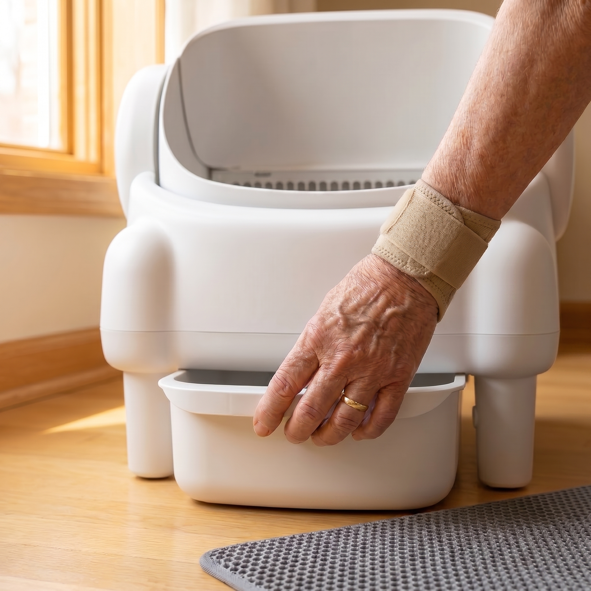 BeCat self-cleaning litter box - owner pulling the sealed waste drawer