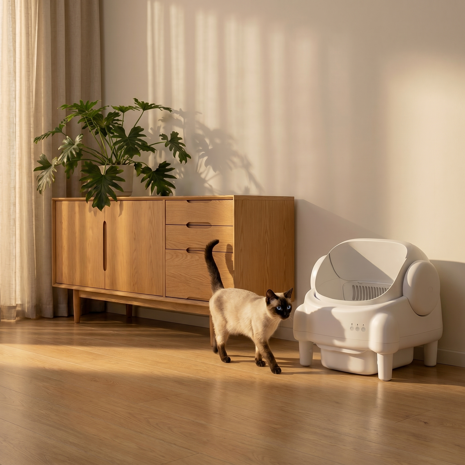 pdp: full home lifestyle scene with cat and box