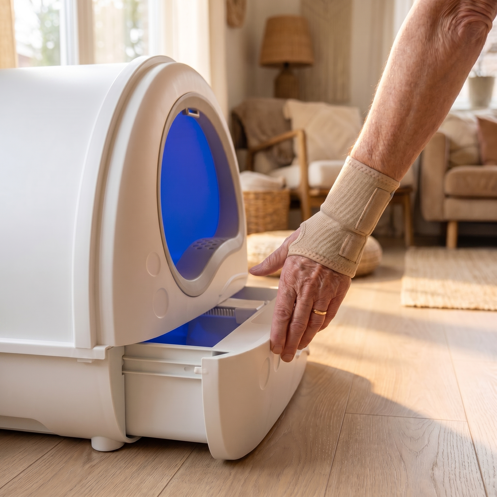 BeCat self-cleaning litter box - owner pulling the sealed waste drawer