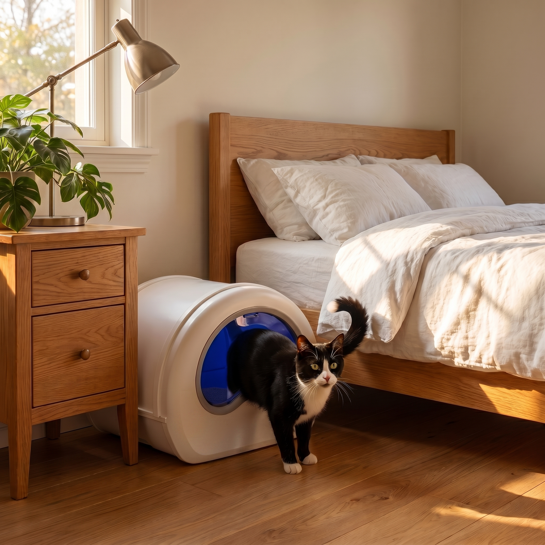 BeCat self-cleaning litter box - in a real bedroom corner with the cat using the box