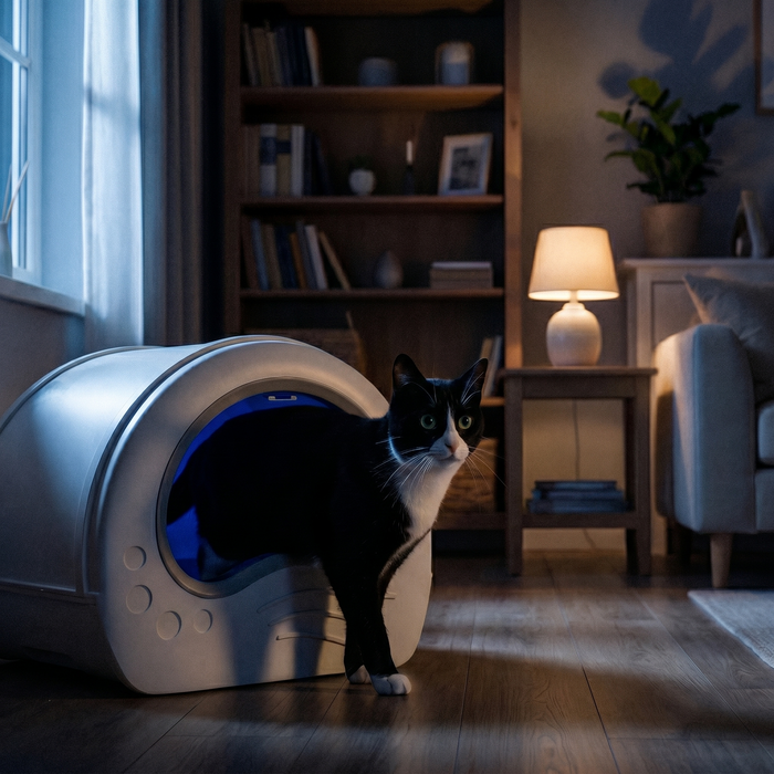 pdp: nighttime scene with cat using the box