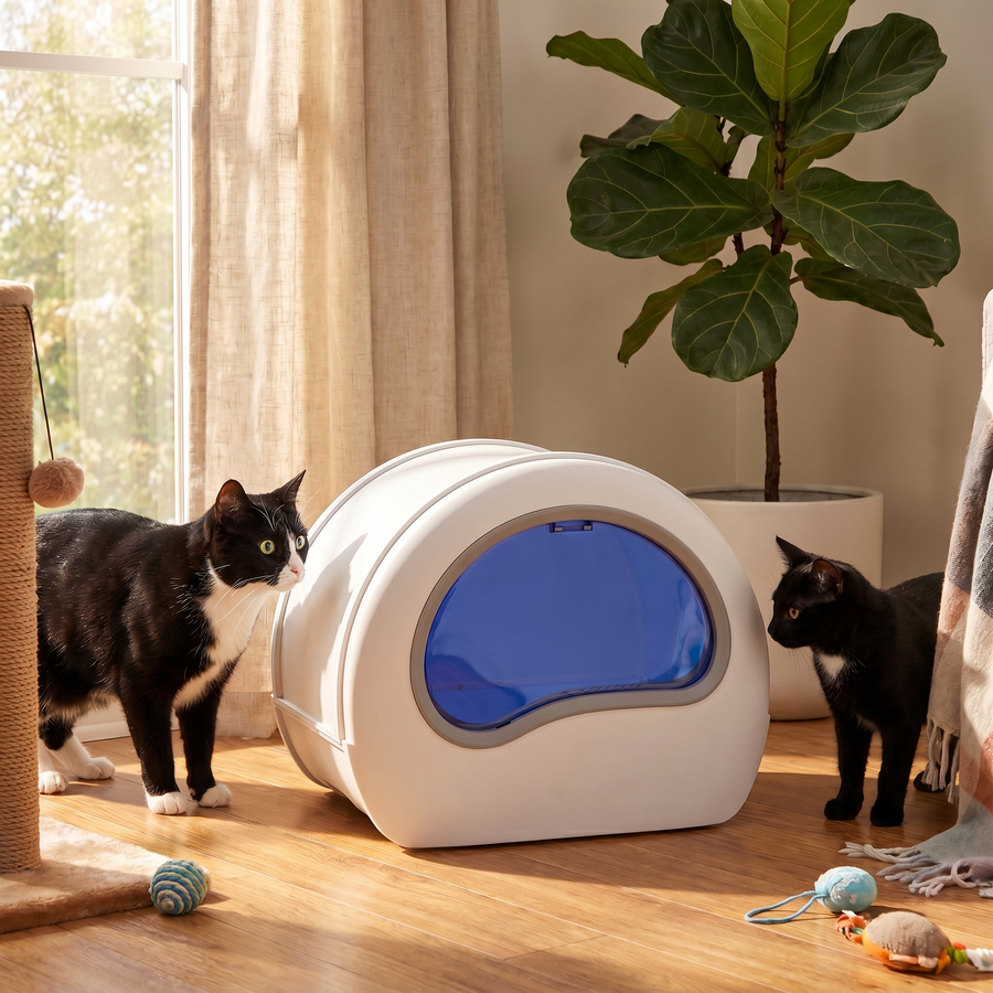 BeCat self-cleaning litter box - two cats from a multi-cat household near the box