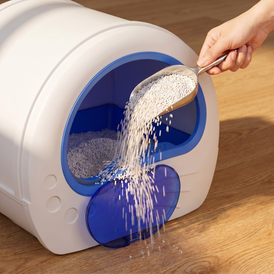 pdp: hand pouring fresh litter into the drum