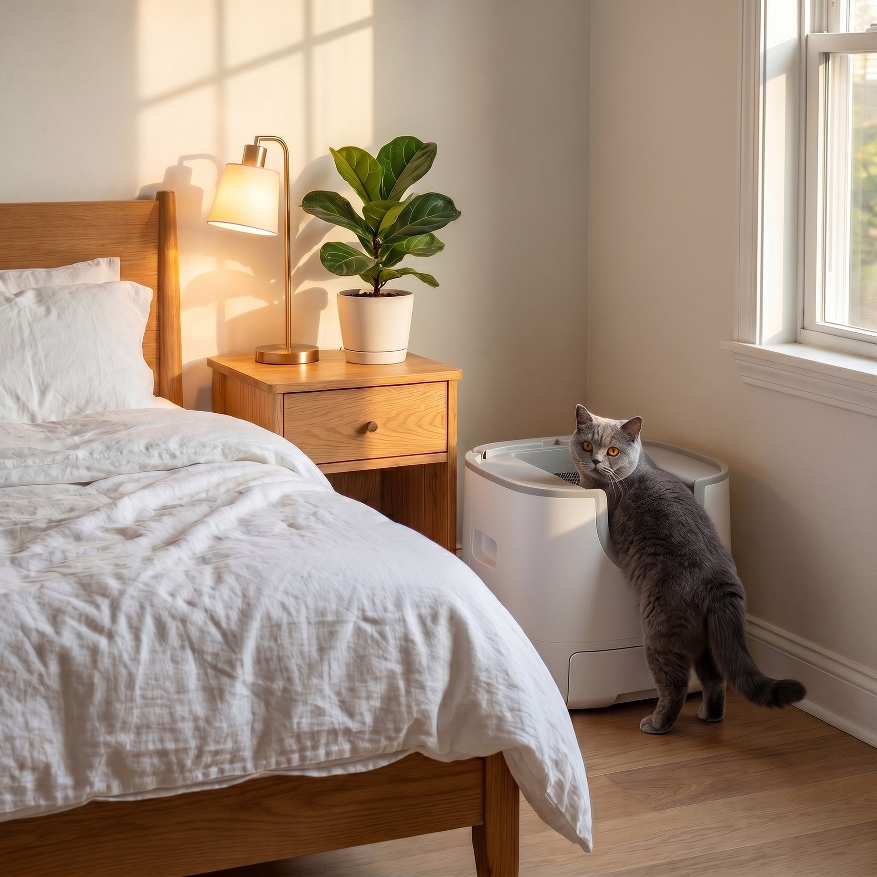 BeCat self-cleaning litter box - in a real bedroom corner with the cat using the box