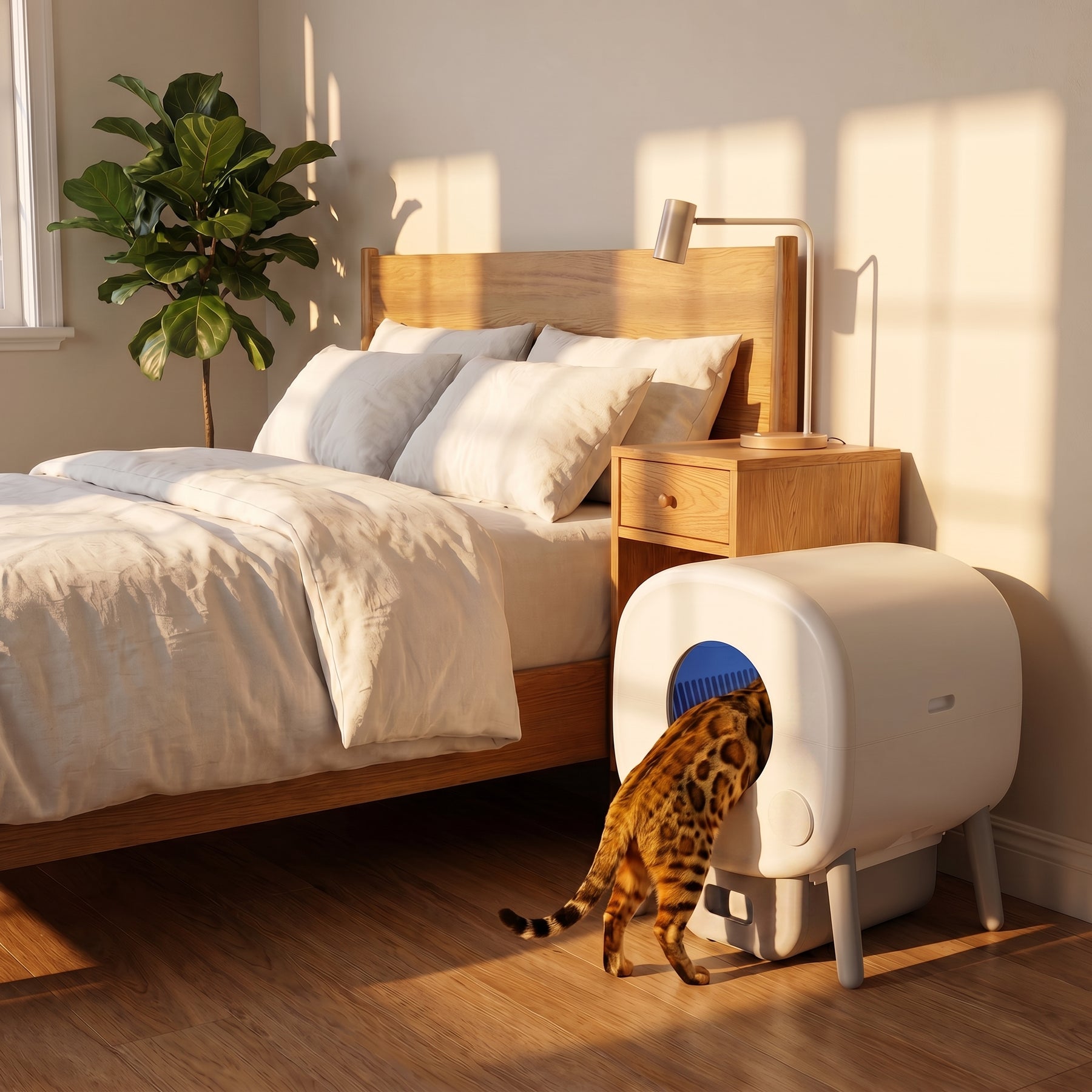 BeCat self-cleaning litter box - in a real bedroom corner with the cat using the box