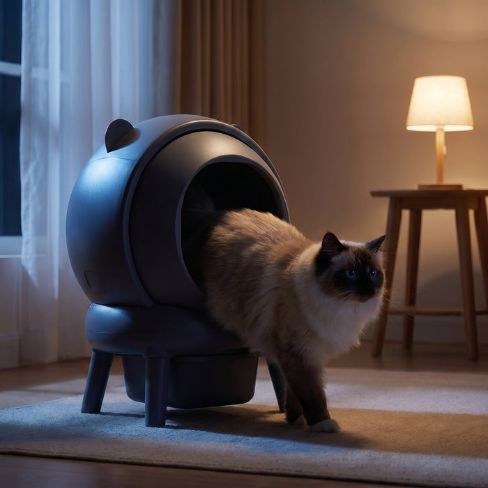 pdp: nighttime scene with cat using the box