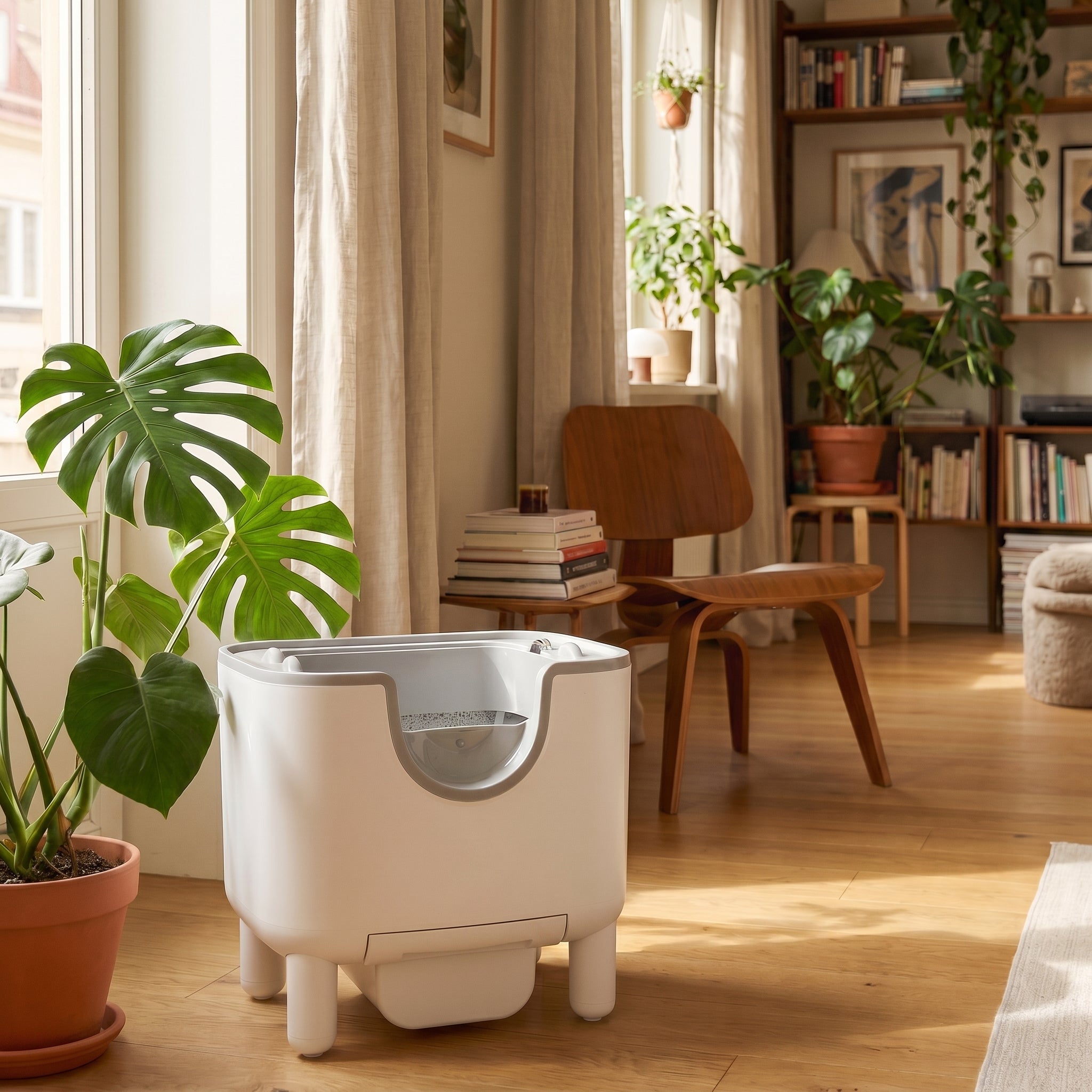 pdp: full home lifestyle scene with cat and box