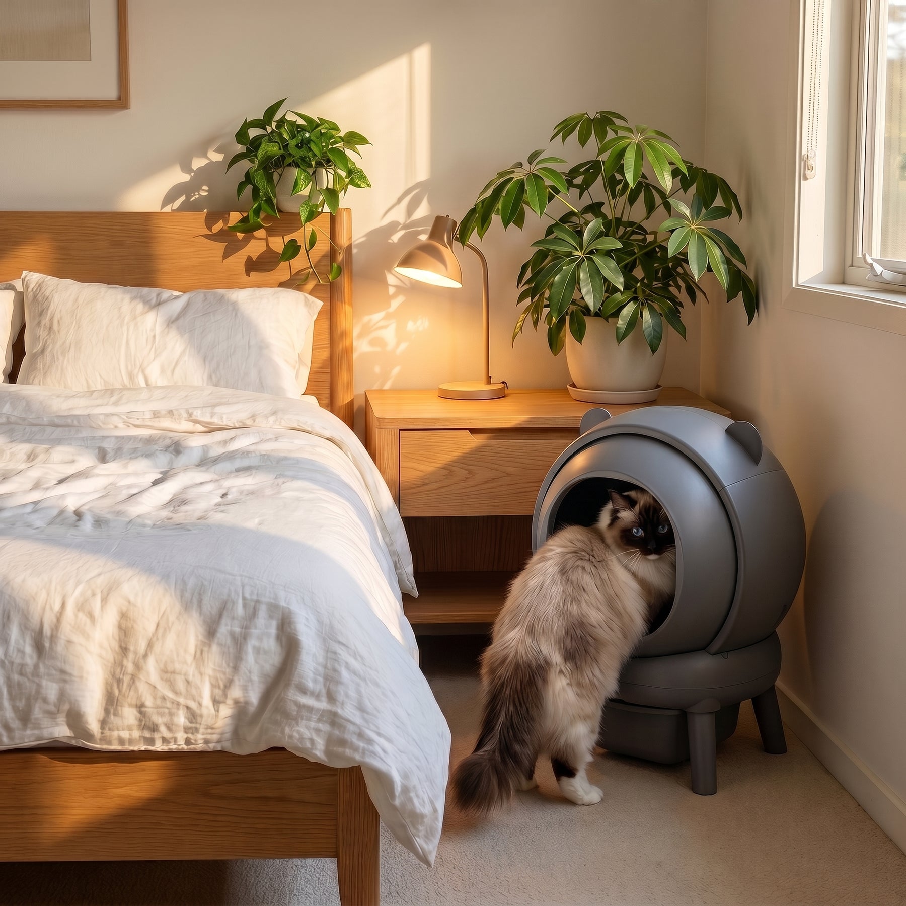 BeCat self-cleaning litter box - in a real bedroom corner with the cat using the box