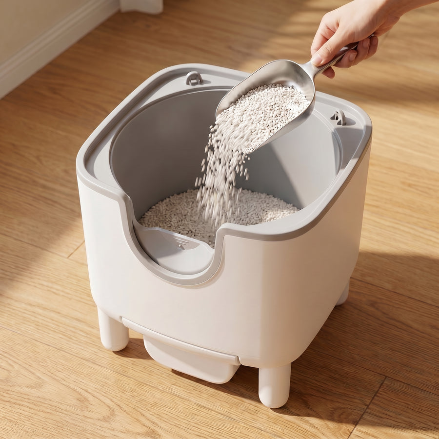 pdp: hand pouring fresh litter into the drum