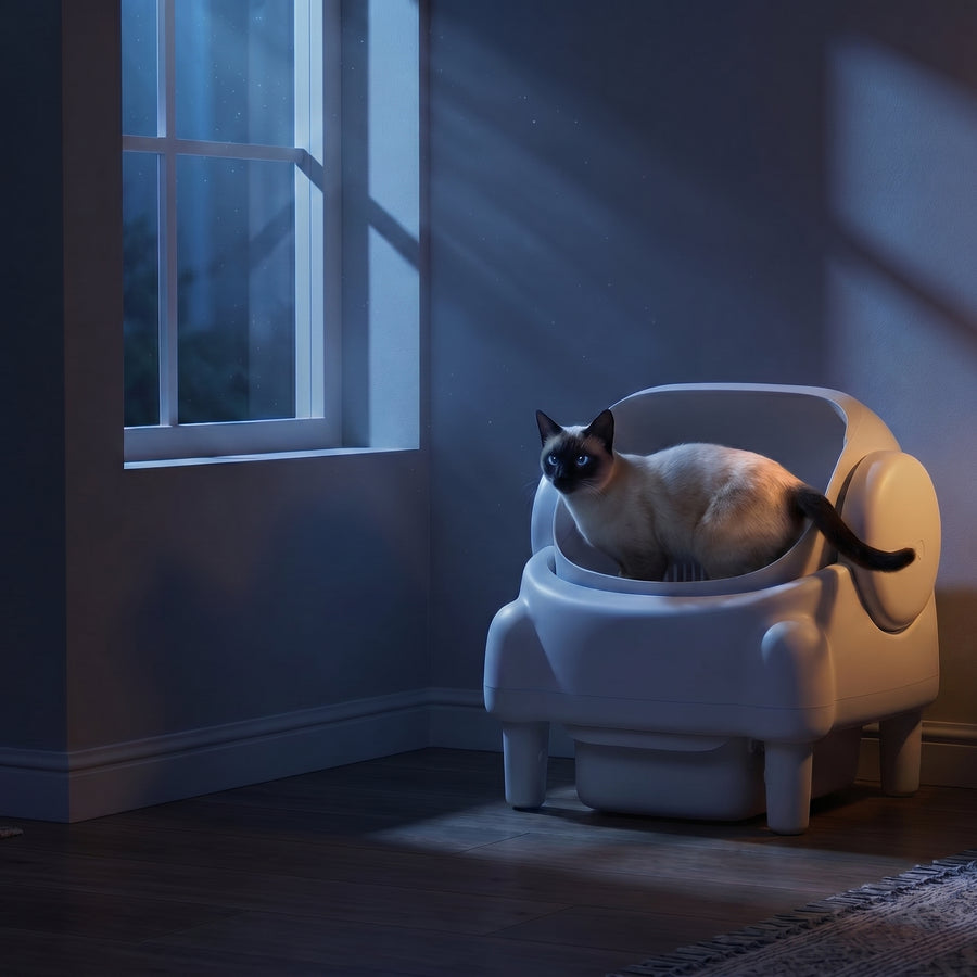 BeCat self-cleaning litter box - two cats from a multi-cat household near the box