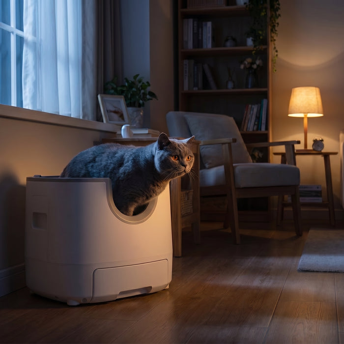 pdp: nighttime scene with cat using the box