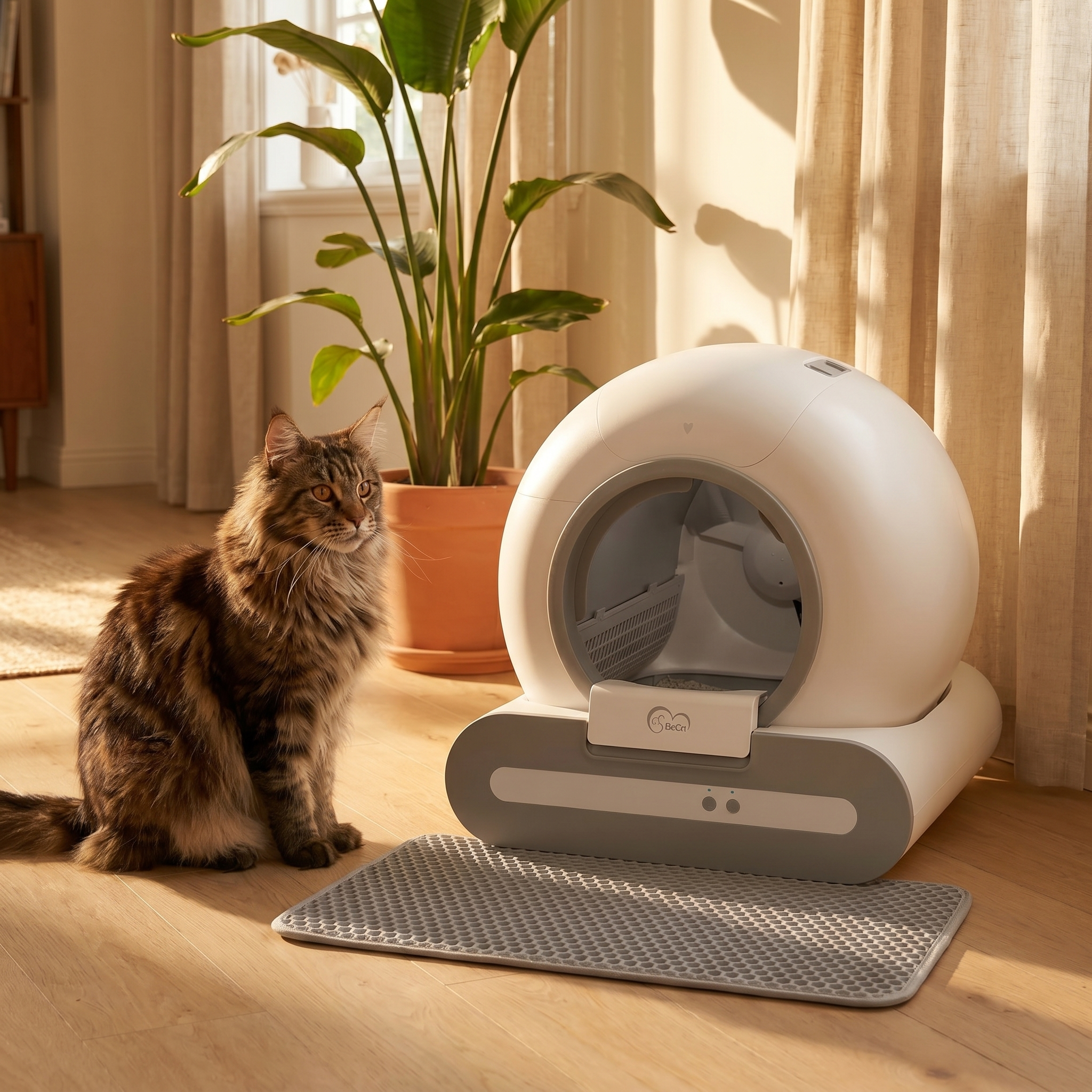 BeCat self-cleaning litter box — cat beside