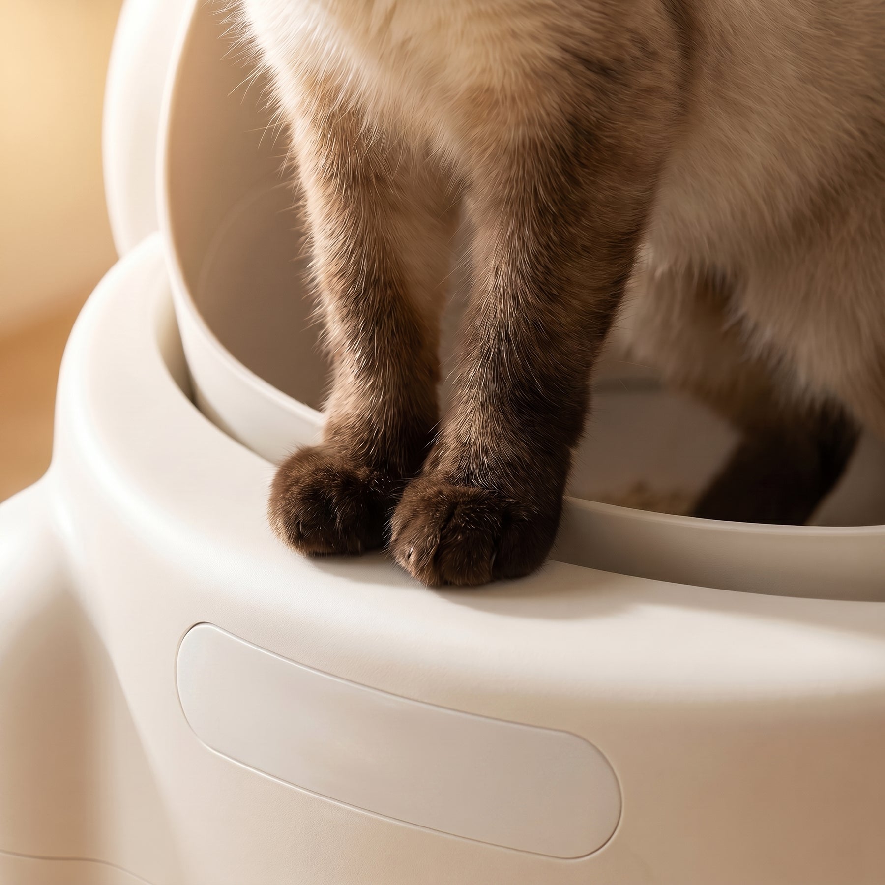 BeCat self-cleaning litter box - in a real bedroom corner with the cat using the box