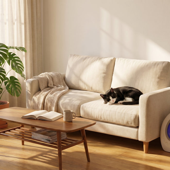 pdp: wide living room scene with box tucked beside sofa