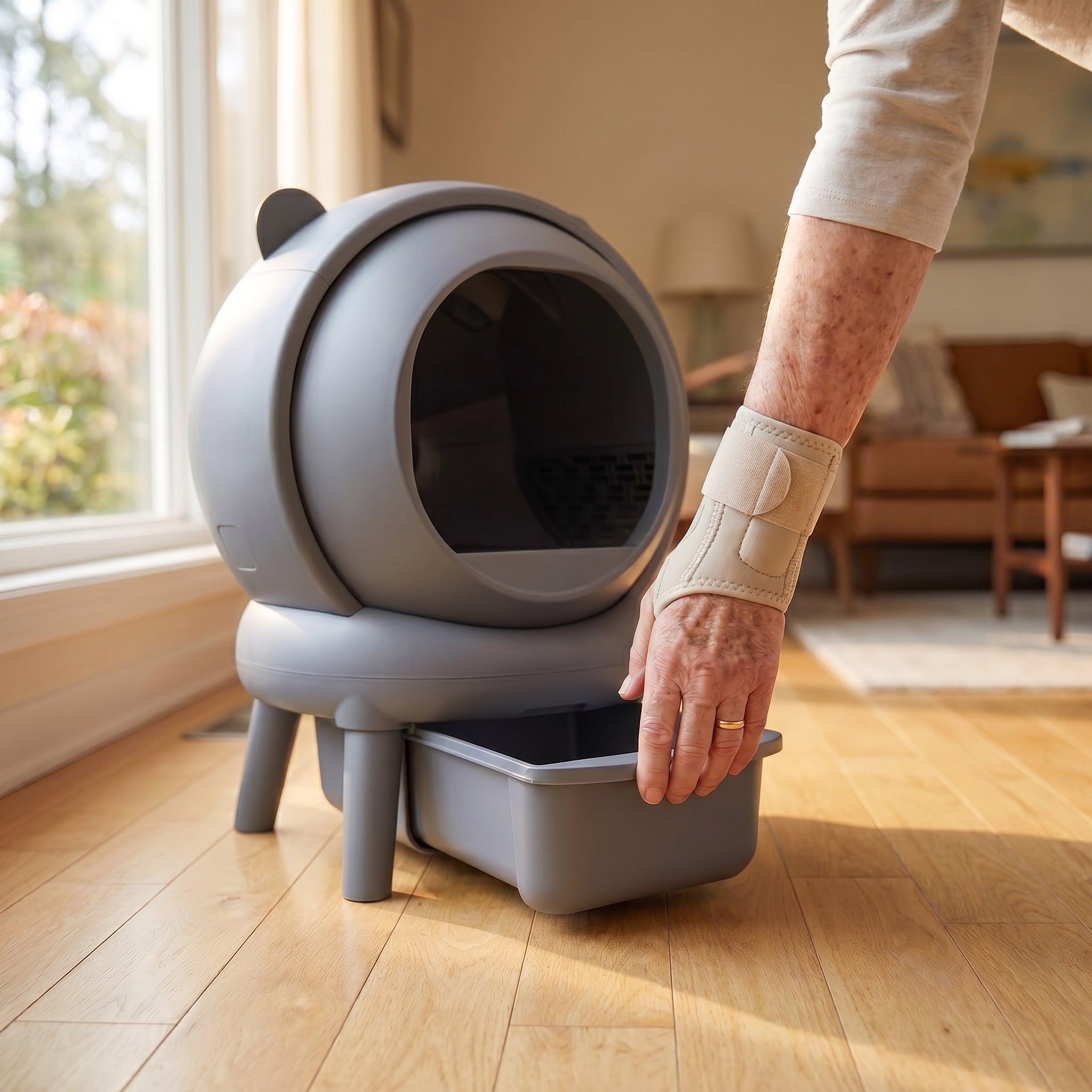 BeCat self-cleaning litter box - owner pulling the sealed waste drawer