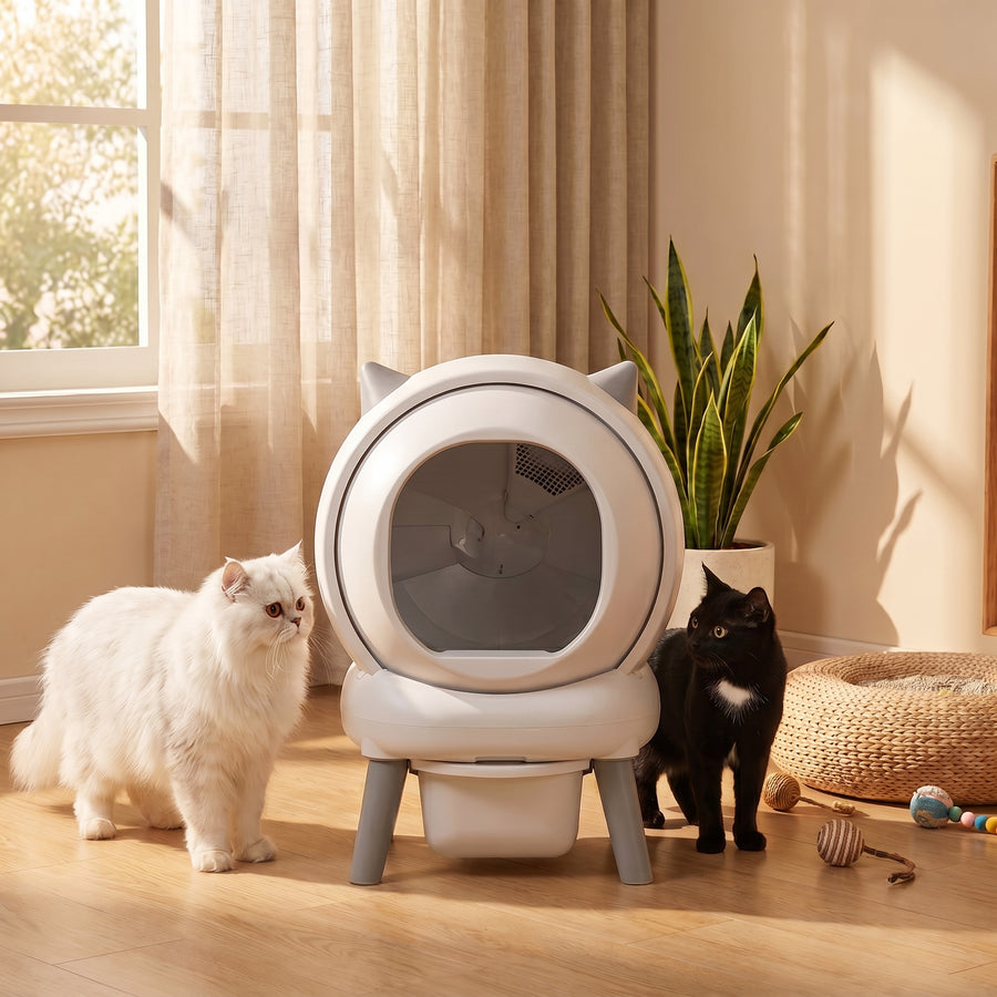 BeCat self-cleaning litter box - two cats from a multi-cat household near the box